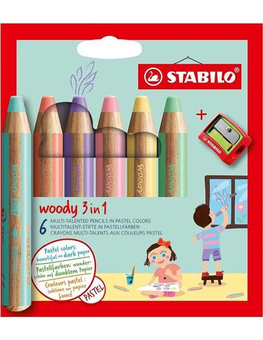 Stabilo - Woody 3 en 1 Lot de 6 Crayons Pastel + Taille-Crayon - Crayon de Couleur, Cire et Aquarelle, Tout en Un - Mine XXL 10m