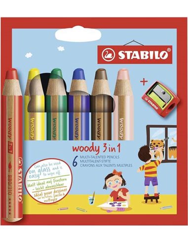 Stabilo - Woody 3 en 1 Lot de 6 Crayons de Couleur + Taille-Crayon - Crayon de Couleur, Cire et Aquarelle, Tout en Un - Mine XXL