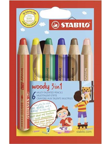 Stabilo - Woody 3 en 1 Lot de 6 Crayons de Couleur - Crayon de Couleur, Cire et Aquarelle, Tout en Un - Mine XXL 10 mm - Couleur