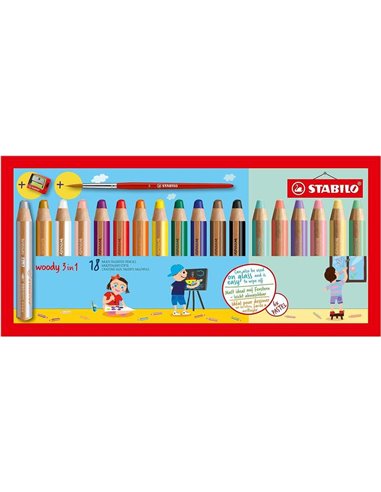 Stabilo - Woody 3 en 1 Pack de 18 Crayons de Couleur Comprenant Pastel + Taille-Crayon + Pinceau N°8 - Crayon de Couleur, Cire e