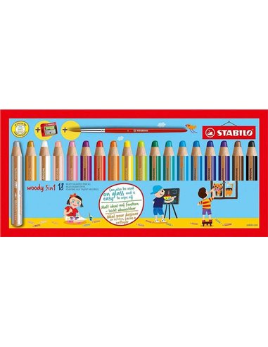 Stabilo - Woody 3 en 1 Pack de 18 Crayons de Couleur + Taille-Taille + Pinceau N°8 - Crayon de Couleur, Cire et Aquarelle, Tout 