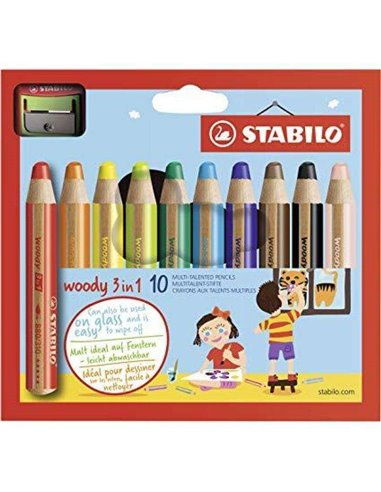 Stabilo - Woody 3 en 1 Lot de 10 Crayons de Couleur + Taille-Crayon - Crayon de Couleur, Cire et Aquarelle, Tout en Un - Mine XX