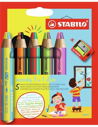 Stabilo - Woody 3 en 1 Duo Pack de 5 Crayons de Couleur + Taille-Taille - Mine 2 Couleurs XXL 10mm - Crayon de Couleur, Cire Aqu