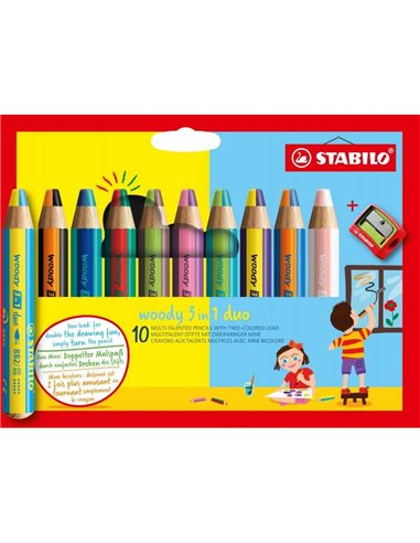 Stabilo - Woody Duo 3 en 1 Pack de 10 Crayons de Couleur + Taille-Taille - Mine 2 Couleurs XXL 10mm - Crayon de Couleur, Cire Aq