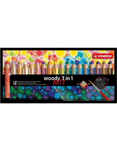 Stabilo - Woody 3 en 1 Arty Pack de 18 Crayons de Couleur + Taille-Taille + Pinceau - Crayon de Couleur, Cire et Aquarelle, Tout