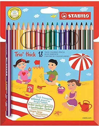 Stabilo - Trio Épais Pack de 18 Crayons de Couleur - Mine 4,2 mm - Forme Triangulaire - Couleurs Assorties