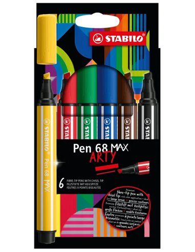 Stabilo - Pen 68 MAX Arty Pack de 6 marqueurs - Pointe en fibre biseautée - Course entre 1 et 5 mm environ. - Encre à base d'eau