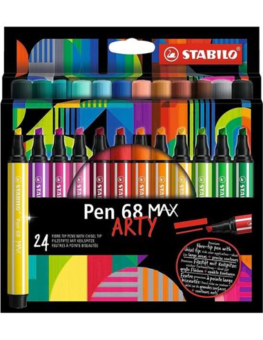 Stabilo - Pen 68 MAX Arty Pack de 24 marqueurs - Pointe en fibre biseautée - Course entre 1 et 5 mm environ. - Encre à base d'ea