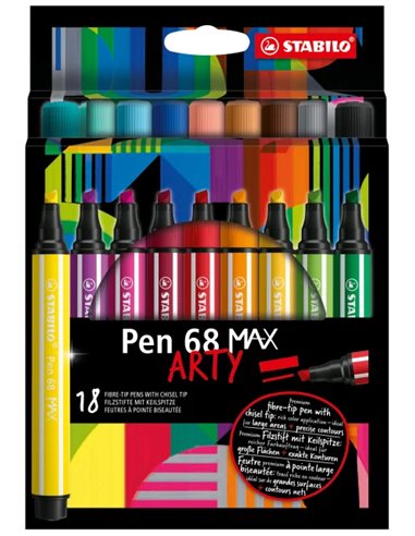 Stabilo - Pen 68 MAX Arty Pack de 18 marqueurs - Pointe en fibre biseautée - Course entre 1 et 5 mm environ. - Encre à base d'ea