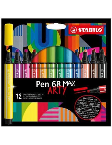 Stabilo - Pen 68 MAX Arty Pack de 12 marqueurs - Pointe en fibre biseautée - Course entre 1 et 5 mm environ. - Encre à base d'ea