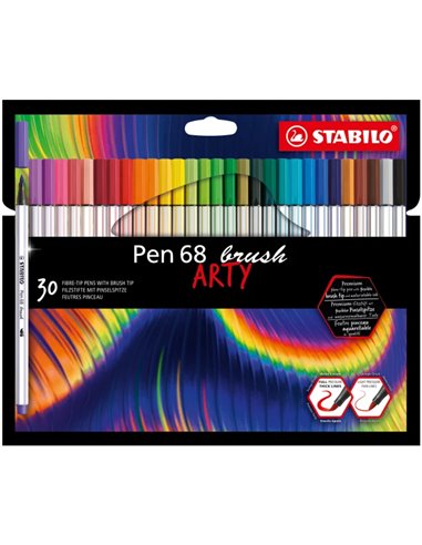 Stabilo - Pen 68 Brush Arty Pack de 30 Feutres - Pointe Pinceau - Encre à Base d'Eau - Couleurs Assorties