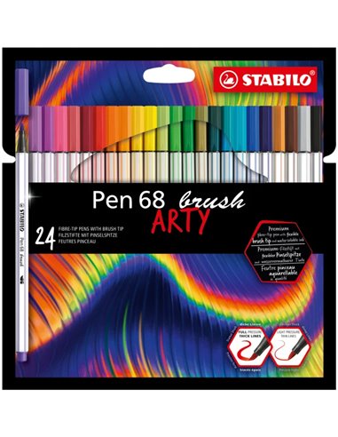 Stabilo - Pen 68 Brush Arty Pack de 24 Feutres - Pointe Pinceau - Encre à Base d'Eau - Couleurs Assorties