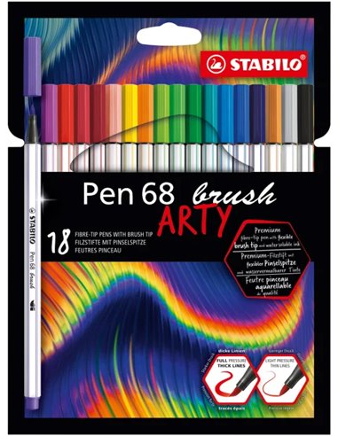 Stabilo - Pen 68 Brush Arty Pack de 18 Feutres - Pointe Pinceau - Encre à Base d'Eau - Couleurs Assorties