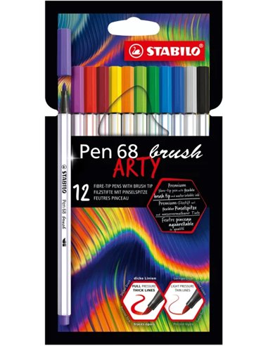 Stabilo - Pen 68 Brush Arty Pack de 12 Feutres - Pointe Pinceau - Encre à Base d'Eau - Couleurs Assorties