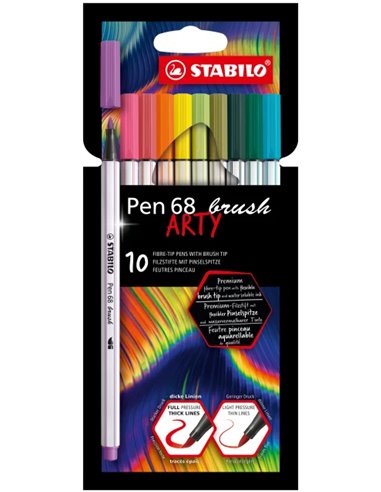 Stabilo - Pen 68 Brush Arty Pack de 10 Feutres - Pointe Pinceau - Encre à Base d'Eau - Couleurs Assorties