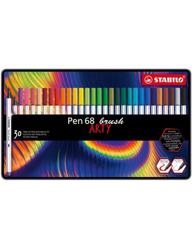 Stabilo - Pen 68 Brush Arty Metal Boite de 30 Feutres - Pointe Pinceau - Encre à Base d'Eau - Couleurs Assorties