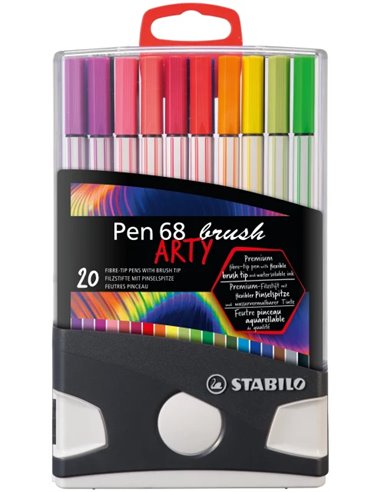 Stabilo - Pen 68 Brush Arty Boîte en plastique rigide avec 30 marqueurs - Pointe pinceau - Encre à base d'eau - Couleurs assorti