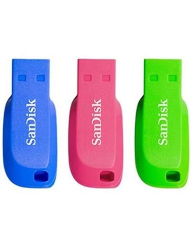 Sandisk - Pack de 3 Cruzer Blade USB 2.0 Mémoire 32 Go - Ultra Compact - Bleu, Rose et Vert (Pendrive)