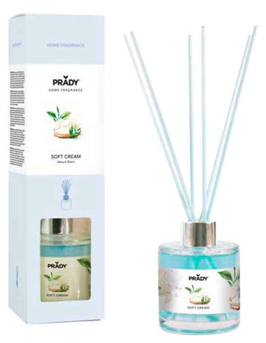 Prady - Désodorisant crème douce premium - Flacon en verre de 130 ml et baguettes de diffusion