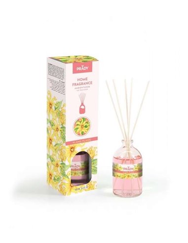 Prady - Désodorisant Mikado Ylang Ylang - Flacon en verre de 100 ml et baguettes de diffusion