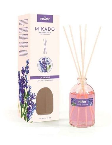 Prady - Désodorisant Mikado Lavande - Flacon en verre de 100 ml et baguettes de diffusion