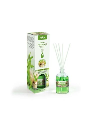 Prady - Désodorisant balsamique Mikado Eucalyptus - Bouteille en verre de 100 ml et baguettes de diffusion