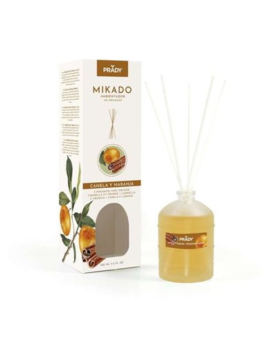 Prady - Désodorisant Mikado Cannelle et Orange - Flacon en verre de 100 ml et baguettes de diffusion