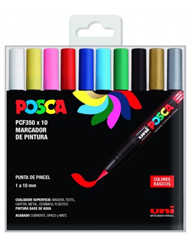 Posca - PCF-350/10C Étui de 10 marqueurs peinture à l'eau - Pointe acrylique style pinceau - Non permanent - Résistant à la lumi