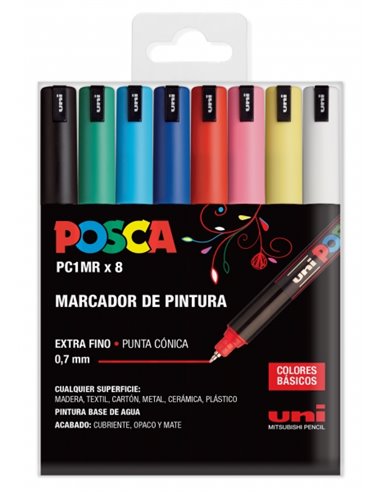 Posca - PC1MR/8C Etui de 8 Marqueurs Peinture - Pointe Roller Fibre 0,7 mm - Encre Pigmentée à Base d'Eau - Résistant à la Lumiè