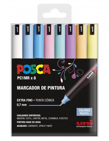 Posca - PC1MR/8C Etui de 8 Marqueurs Peinture - Pointe Roller Fibre 0,7 mm - Encre Pigmentée à Base d'Eau - Trait Extra Fin - Ré