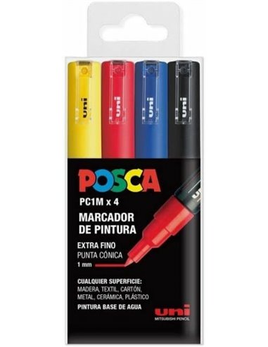 Posca - PC1M/4C Pack de 4 Marqueurs Peinture - Pointe Conique 0,7 mm - Encre à Base d'Eau - Non Permanent - Résistant à la Lumiè