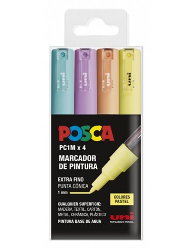 Posca - PC1M/4C Etui de 4 Marqueurs Peinture - Pointe Conique Polyester 0,7 mm - Encre à Base d'Eau - Non Permanent - Résistant 