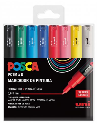 Posca - Étui de 8 marqueurs peinture PC1M - Pointe conique 0,7 mm - Encre à base d'eau - Non permanent - Résistant à la lumière 