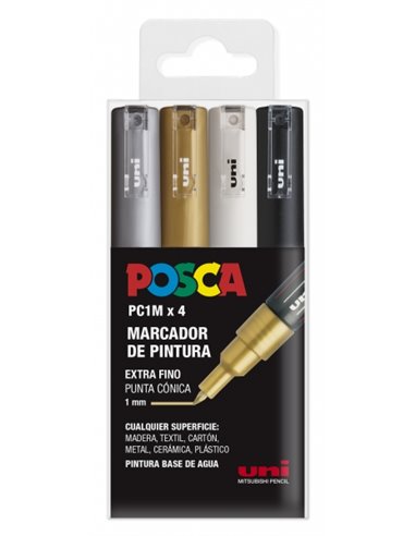 Posca - Étui de 4 Marqueurs Peinture PC1M - Pointe Conique 0,7 mm - Encre à Base d'Eau - Non Permanent - Résistant à la Lumière 