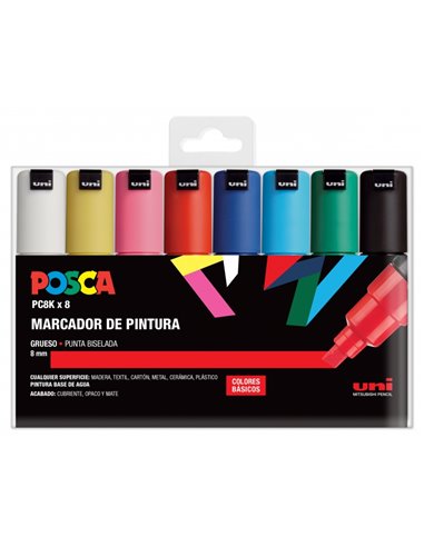 Posca - PC-8K/8C Étui de 8 marqueurs peinture - Pointe biseautée en acrylique 8 mm - Encre à base d'eau - Résistant à la lumière