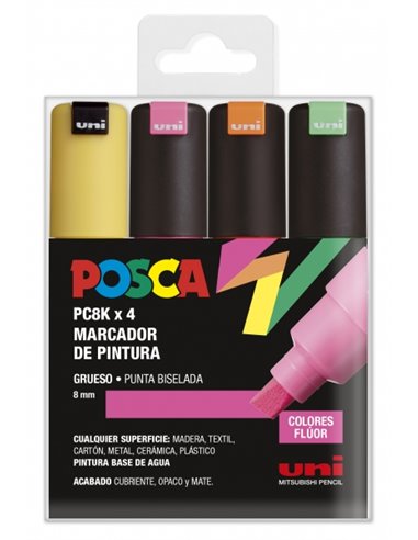 Posca - PC-8K Étui de 4 marqueurs peinture - Pointe biseautée en acrylique 8 mm - Encre à base d'eau - Résistant à la lumière - 