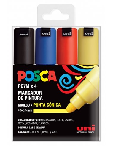 Posca - Étui de 4 marqueurs peinture PC-7M - Pointe ogive 4,5-5,5 mm - Encre à base d'eau - Résistant à la lumière - Non permane