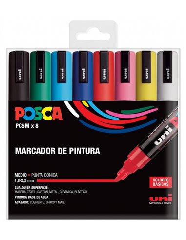 Posca - PC-5M/8C Etui de 8 Marqueurs Peinture - Pointe Polyester 1,8-2,5 mm - Encre à Base d'Eau - Résistant à la Lumière - Non 