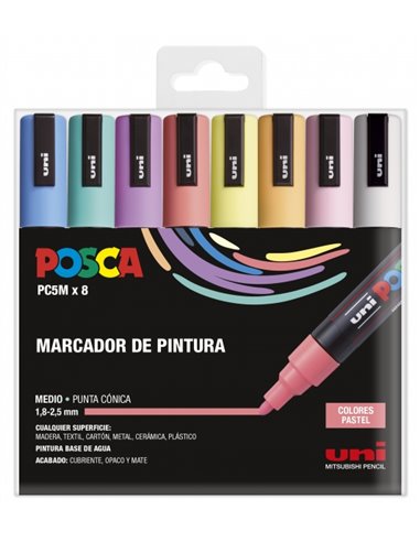 Posca - PC-5M/8C Etui de 8 Marqueurs Peinture - Pointe Polyester 1,8-2,5 mm - Encre à Base d'Eau - Résistant à la Lumière - Non 