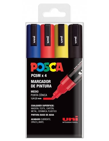 Posca - PC-5M/4C Etui de 4 Marqueurs Peinture - Pointe Bullet 1,8-2,5 mm - Encre à Base d'Eau - Non Permanent - Résistant à la L