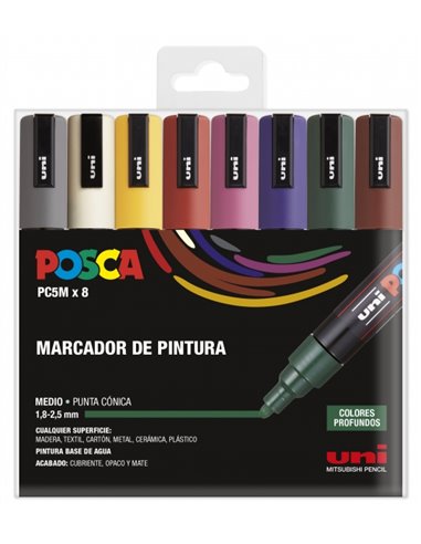 Posca - Étui de 8 marqueurs peinture PC-5M - Pointe ogive 1,8-2,5 mm - Encre à base d'eau - Résistant à la lumière - Non permane