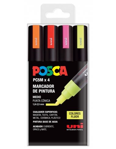 Posca - Étui de 4 marqueurs peinture PC-5M - Pointe ogive 1,8-2,5 mm - Encre à base d'eau - Résistant à la lumière - Non permane