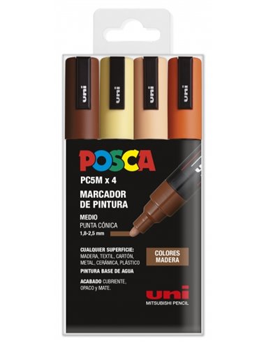 Posca - Étui de 4 marqueurs peinture PC-5M - Pointe ogive 1,8-2,5 mm - Encre à base d'eau - Résistant à la lumière - Non permane