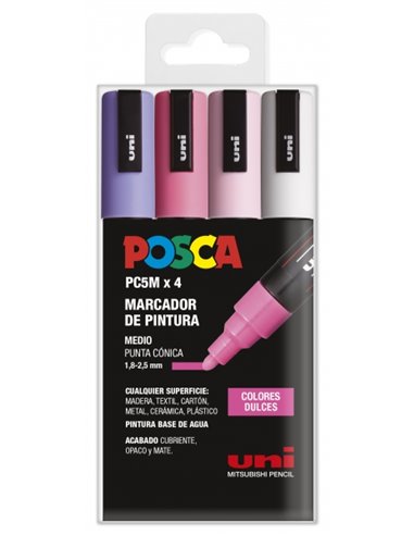 Posca - PC-5M Etui de 4 Marqueurs Peinture - Pointe Bullet 1,8-2,5 mm - Encre à Base d'Eau - Résistant à la Lumière - Couleurs A