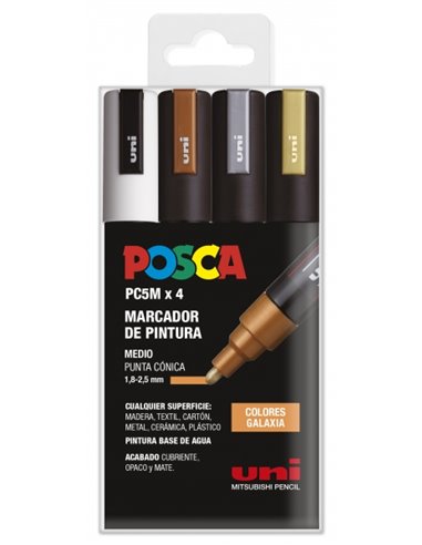 Posca - PC-5M Etui de 4 Marqueurs Peinture - Pointe Bullet 1,8-2,5 mm - Encre à Base d'Eau - Résistant à la Lumière - Couleurs A