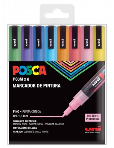 Posca - PC-3M/8C Etui de 8 Marqueurs Peinture - Pointe Conique Polyester 0,9-1,3 mm - Encre à Base d'Eau - Résistant à la Lumièr