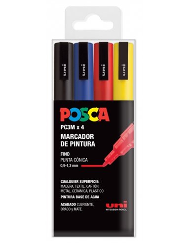 Posca - PC-3M/4C Etui de 4 Marqueurs Peinture - Pointe Conique Polyester 0,9-1,3 mm - Encre à Base d'Eau - Résistant à la Lumièr