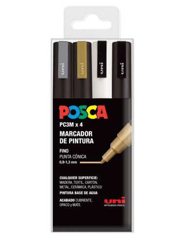 Posca - PC-3M/4C Etui de 4 Marqueurs Peinture - Pointe Conique Polyester 0,9-1,3 mm - Encre à Base d'Eau - Non Permanent - Résis