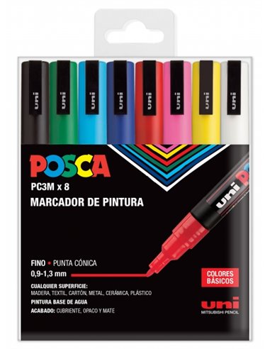 Posca - Étui de 8 marqueurs peinture PC-3M - Pointe conique en polyester 0,9-1,3 mm - Encre à base d'eau - Non permanent - Résis