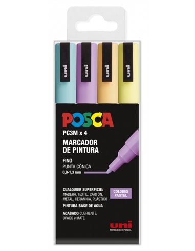 Posca - Étui de 4 marqueurs peinture PC-3M - Pointe conique en polyester 0,9-1,3 mm - Encre à base d'eau - Non permanent - Résis